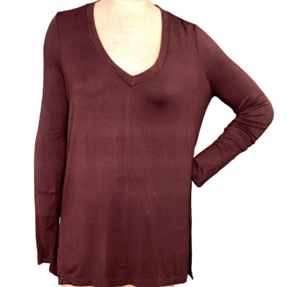 Lou & Grey Soft Rayon V-Neck Long Sleeve Tunic Top Side Slits S Brown 101J